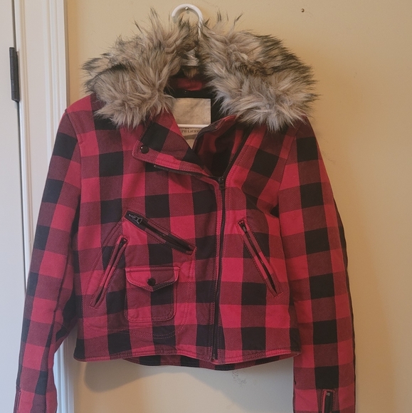 Denim & Supply Ralph Lauren Red Black Buffalo Plaid Detachable Hood Jacket Coat - Picture 1 of 16